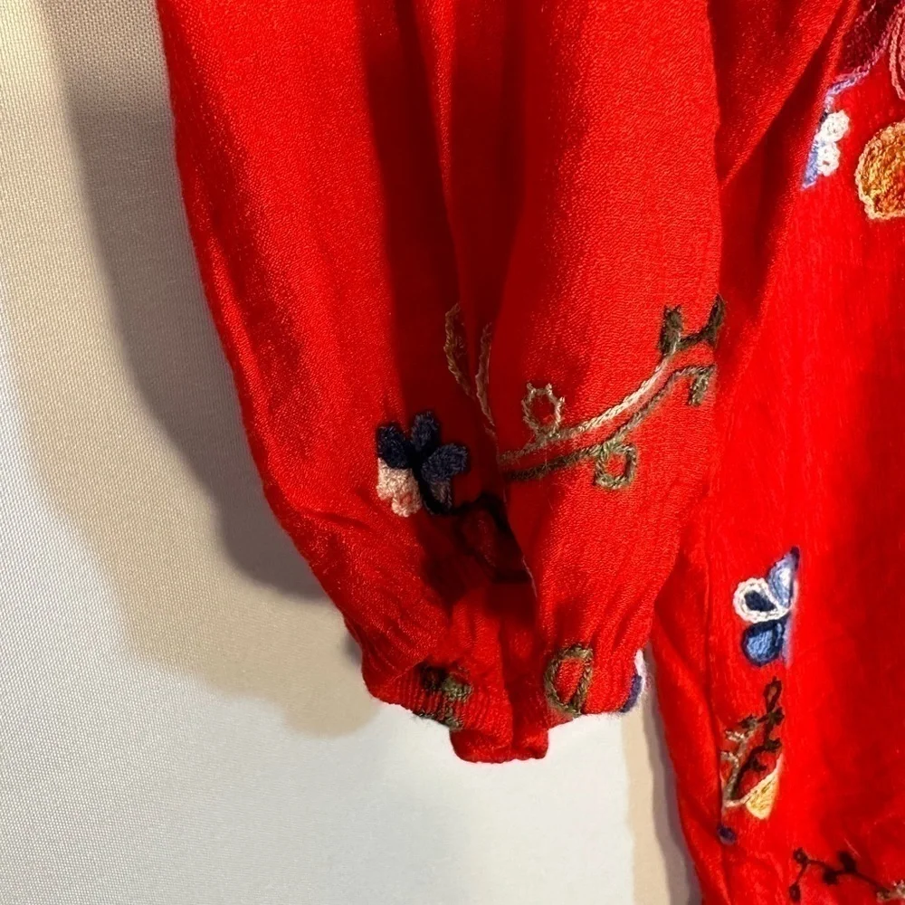 Ann & Rose Boho Embroidered Red Floral 3/4 Puff Sleeve Tunic Top Blouse Size 1X - Picture 5 of 10
